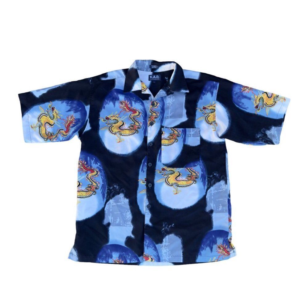 K.A.D. Clothing Vintage Y2K Dragon Short Sleeve Button Down Shirt Men's M